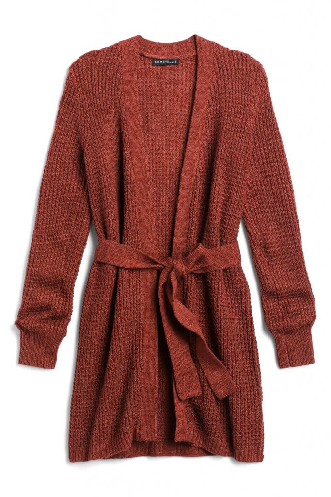 Stitch Fix women’s rust duster cardigan with tie-waist detail.