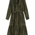 Stitch Fix women’s olive printed long-sleeve tie-waist shirt dress.