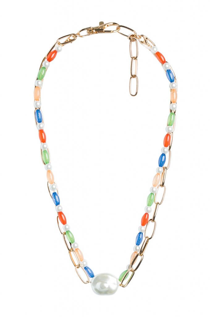 Stitch Fix women’s gold chain-link necklace with multicolor beads and pearl details.