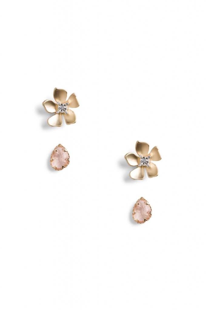 Stitch Fix women’s gold floral earrings and rose gem drop studs.
