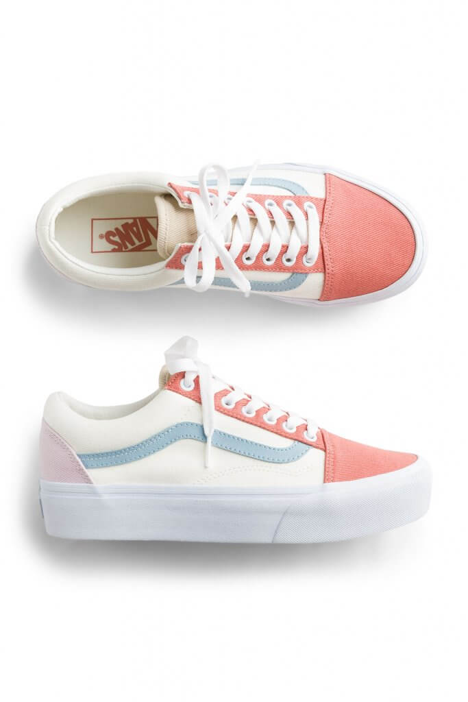 Stitch Fix women’s pink and light blue accented white platform sneakers.