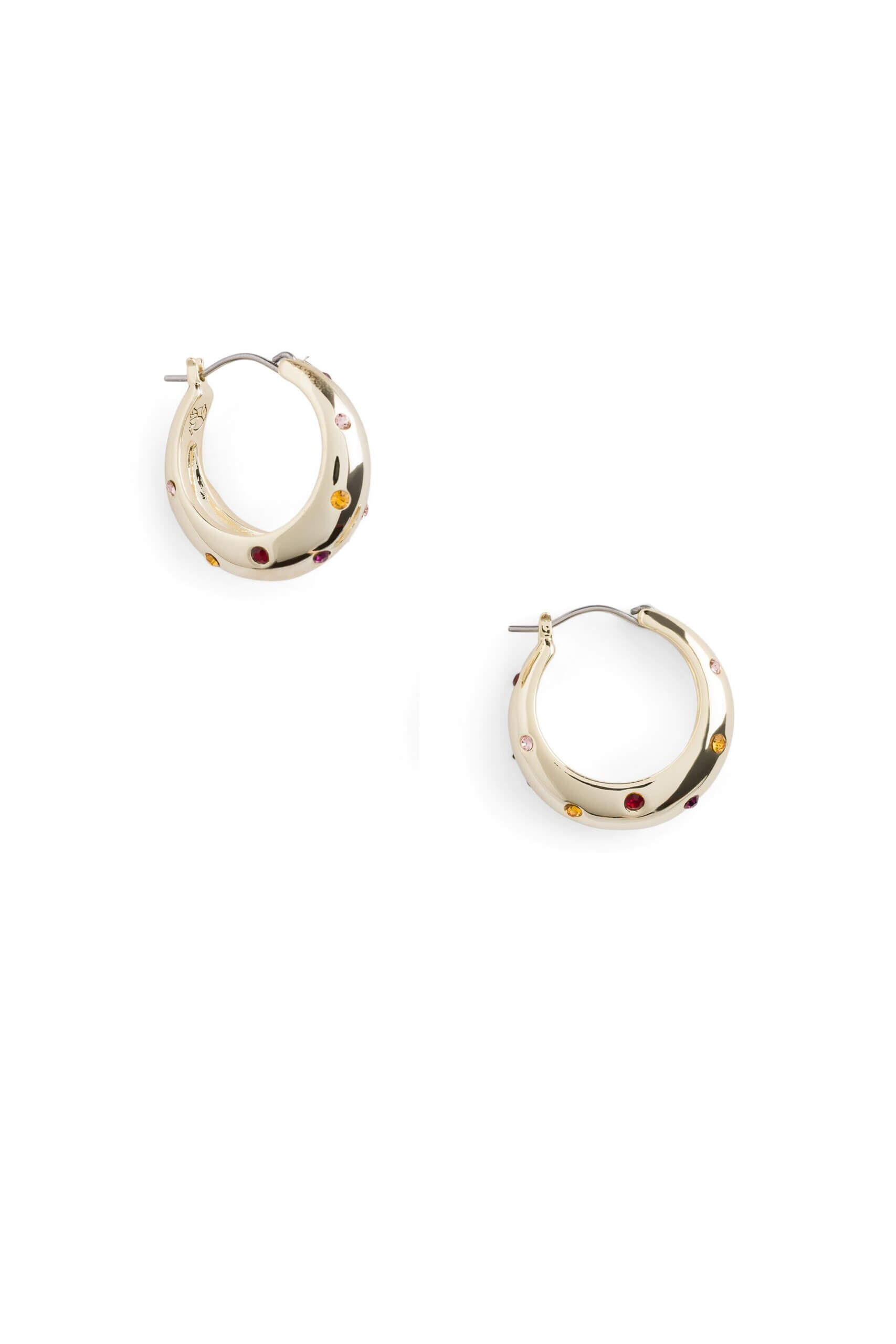 Stitch Fix women’s gold hoop earrings with red and yellow embellishments.