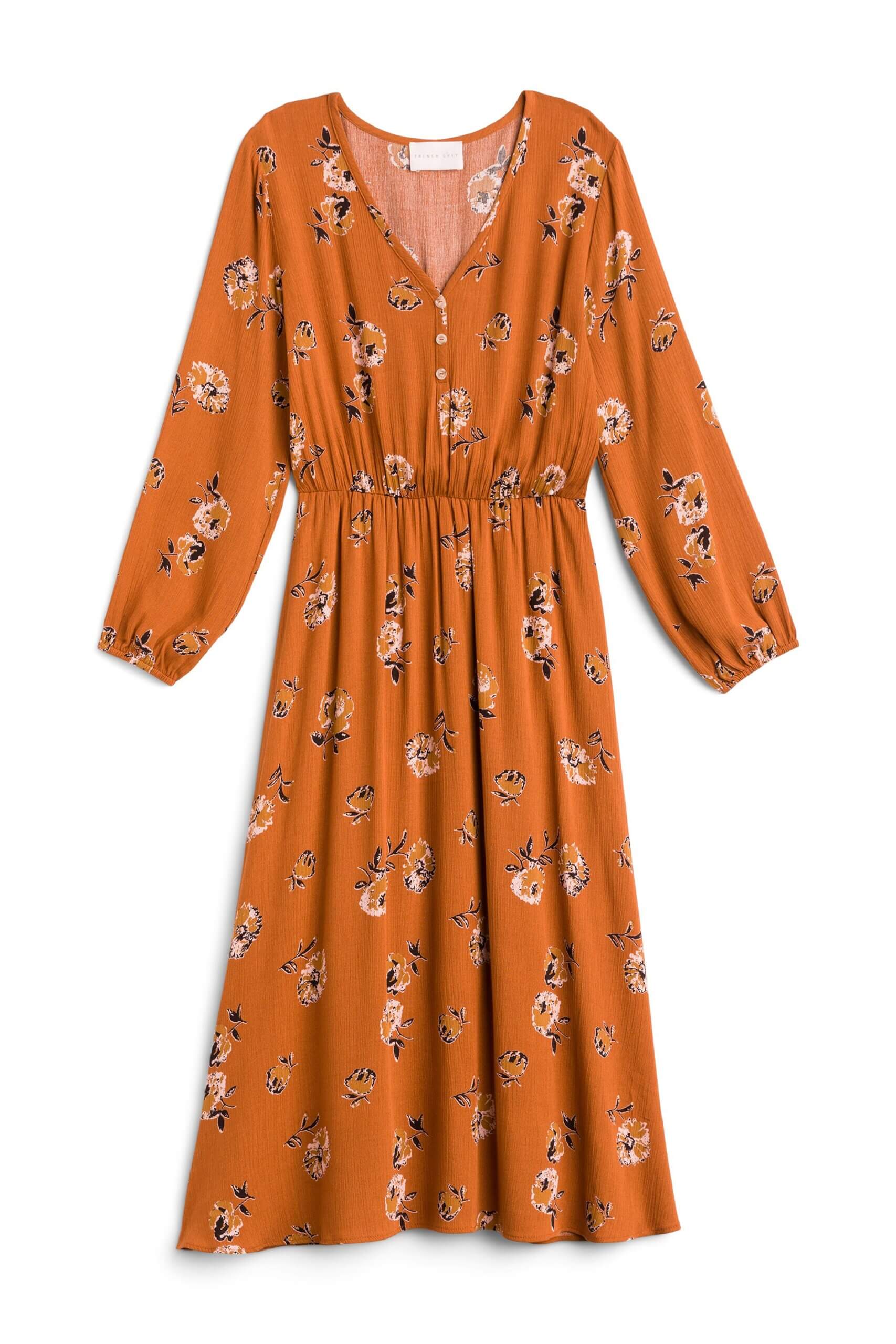 Stitch Fix women’s orange long-sleeve floral print midi dress.