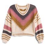 Stitch Fix women’s grey, pink, gold and off-white balloon-sleeve sweater.