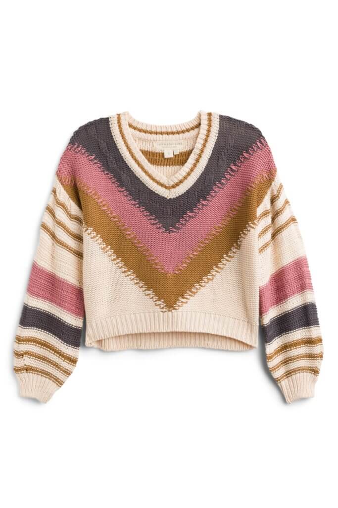 Stitch Fix women’s grey, pink, gold and off-white balloon-sleeve sweater.
