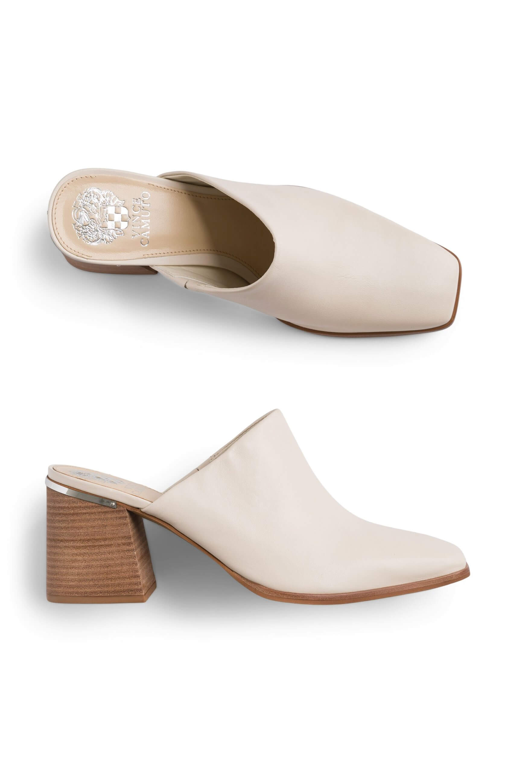 Stitch Fix women’s off-white slide square-toe mules with wood and silver accented block heels.