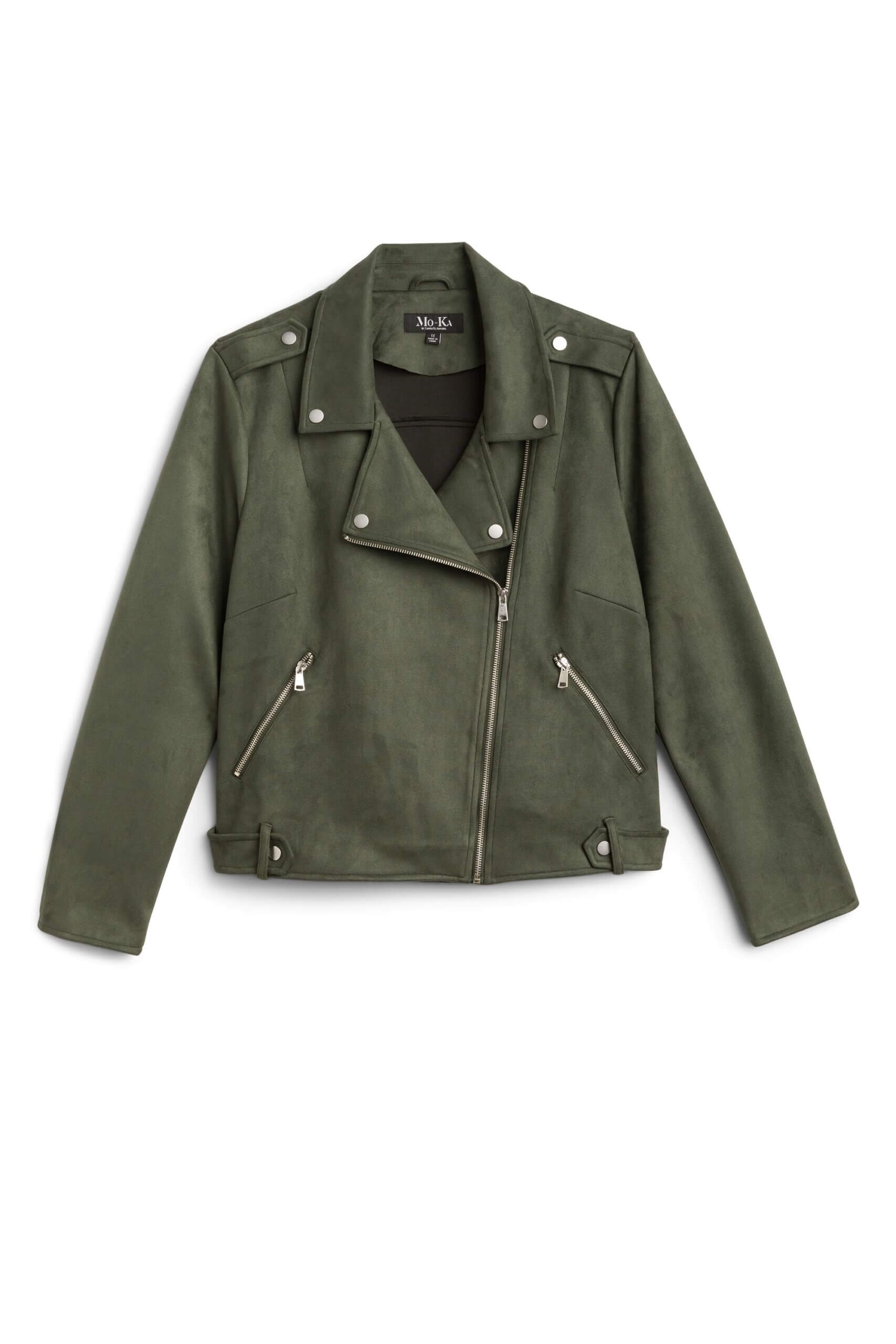 Stitch Fix women's olive asymmetrical moto jacket.
