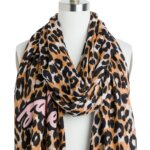 Stitch Fix women’s black, white and brown leopard print scarf with pink graphic on bust form.