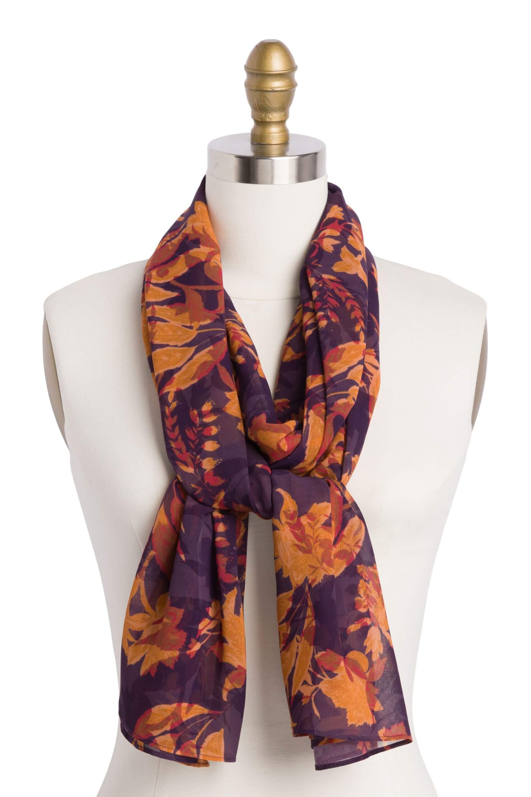 Stitch Fix women's purple, red and orange floral print scarf on bust form.