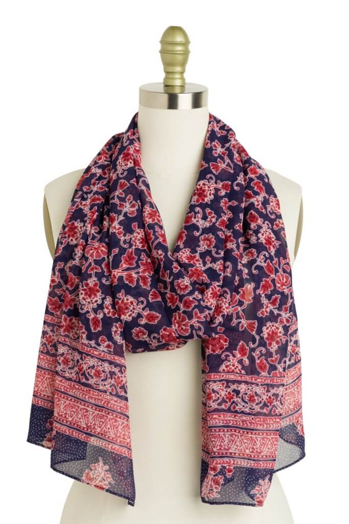 Stitch Fix women’s red, white and navy floral printed scarf on bust form.
