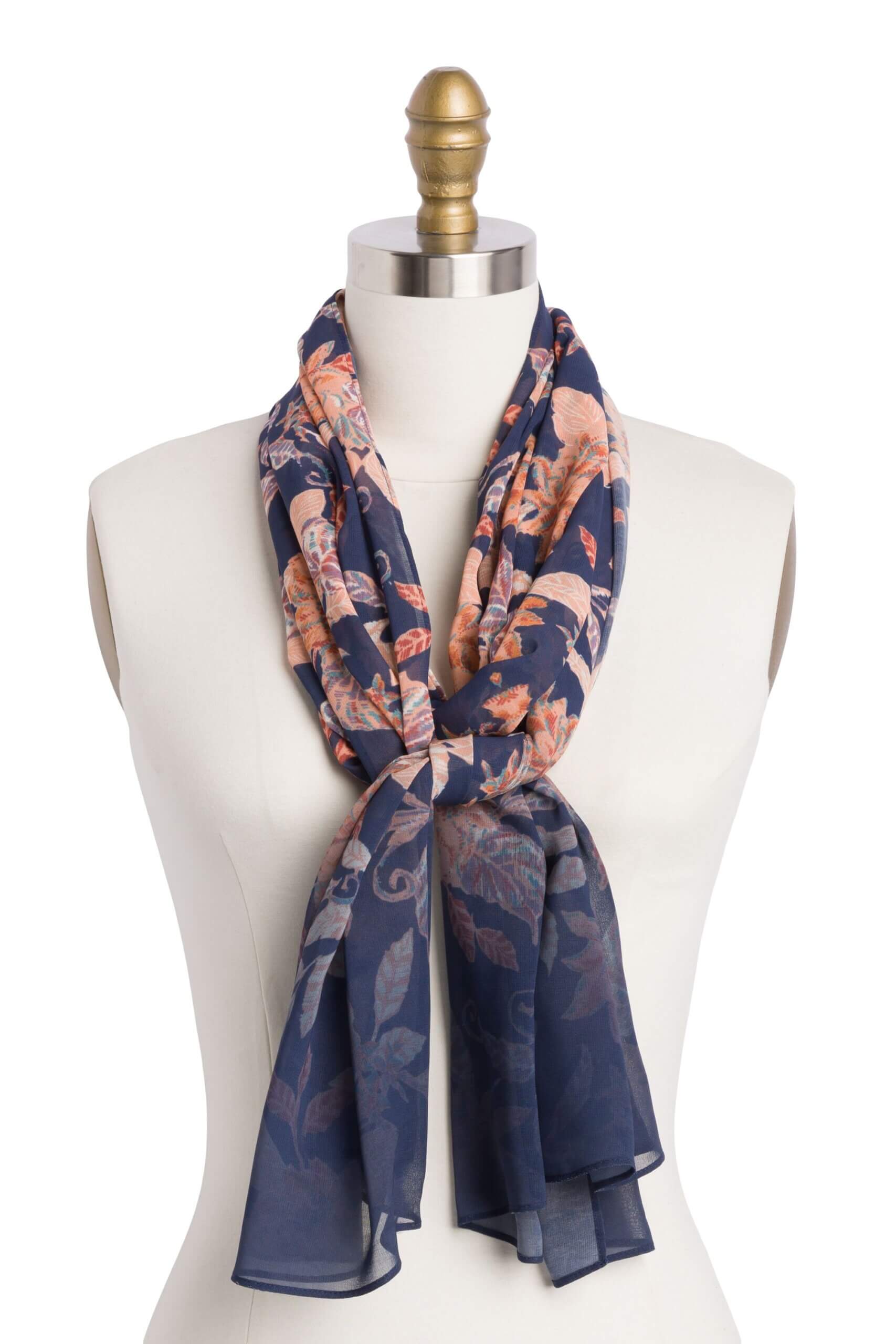 Stitch Fix women's navy blue and pink floral scarf on bust form.