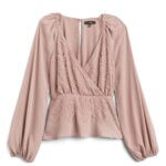 Stitch Fix women's romantic style blush pink wrap blouse.