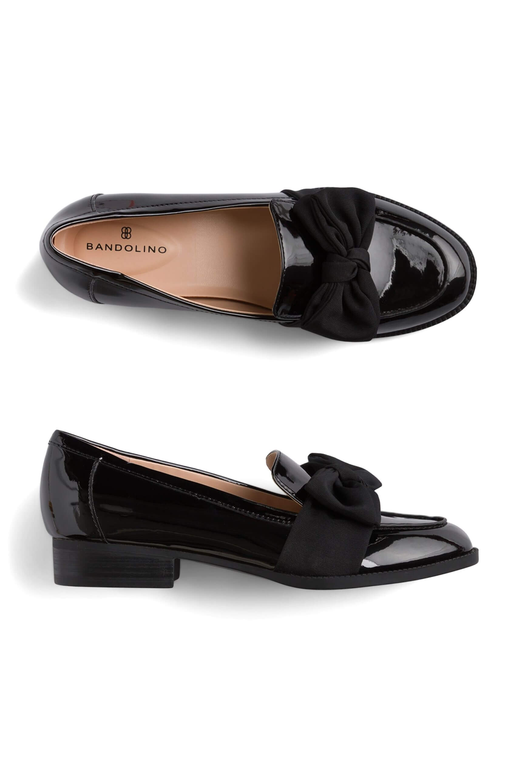Stitch Fix women’s black patent-leather loafers with knit bow detail.