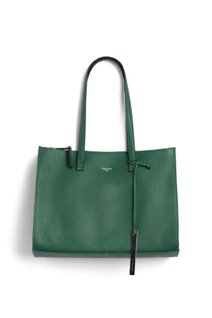 Stitch Fix women’s green tote bag with silver tag accent.