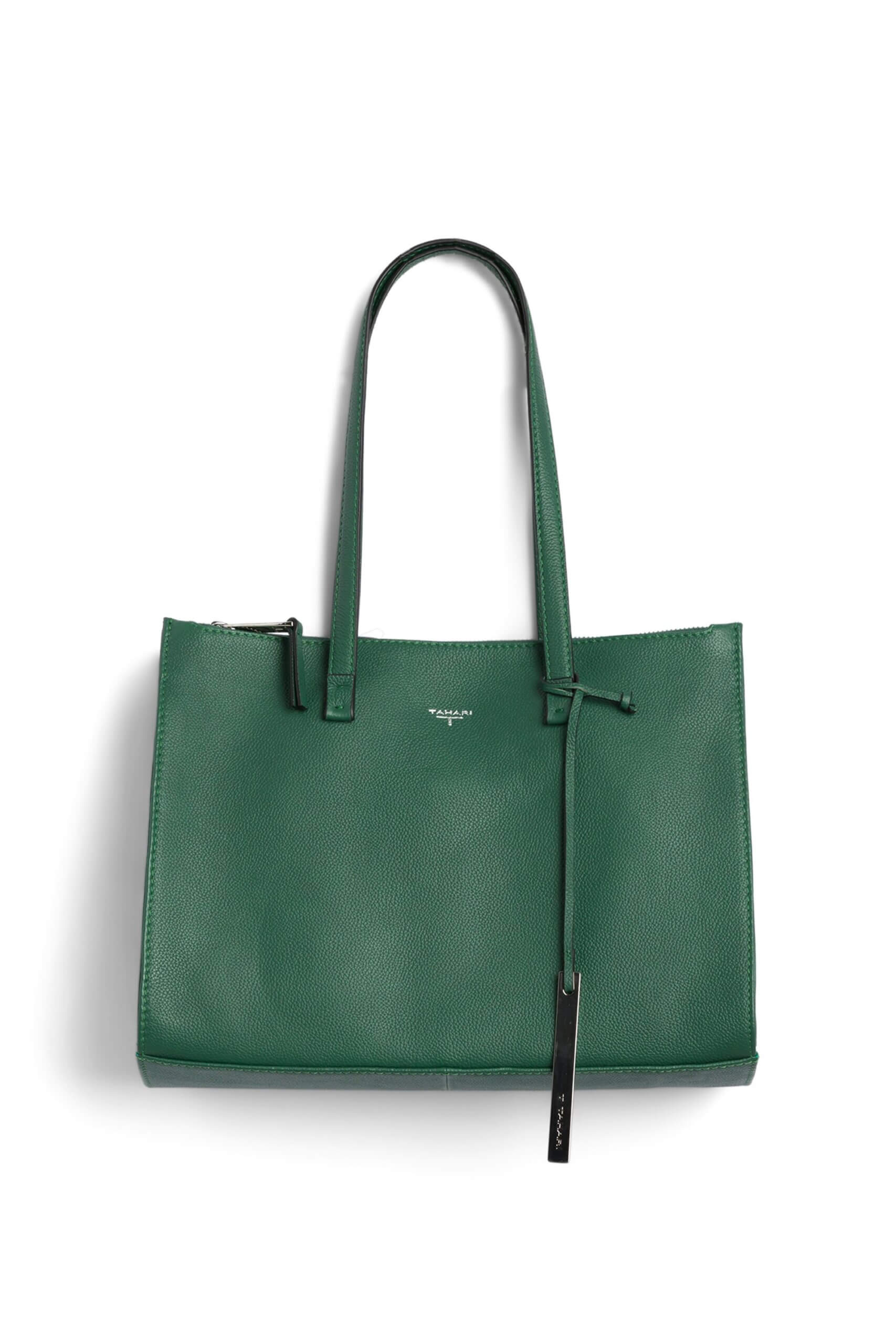 Stitch Fix women’s green tote bag with silver tag accent.