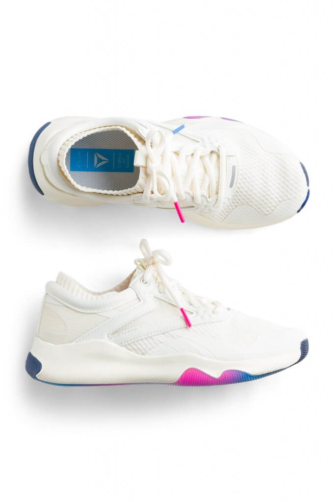 Stitch Fix women’s blue and pink accented white sneakers.