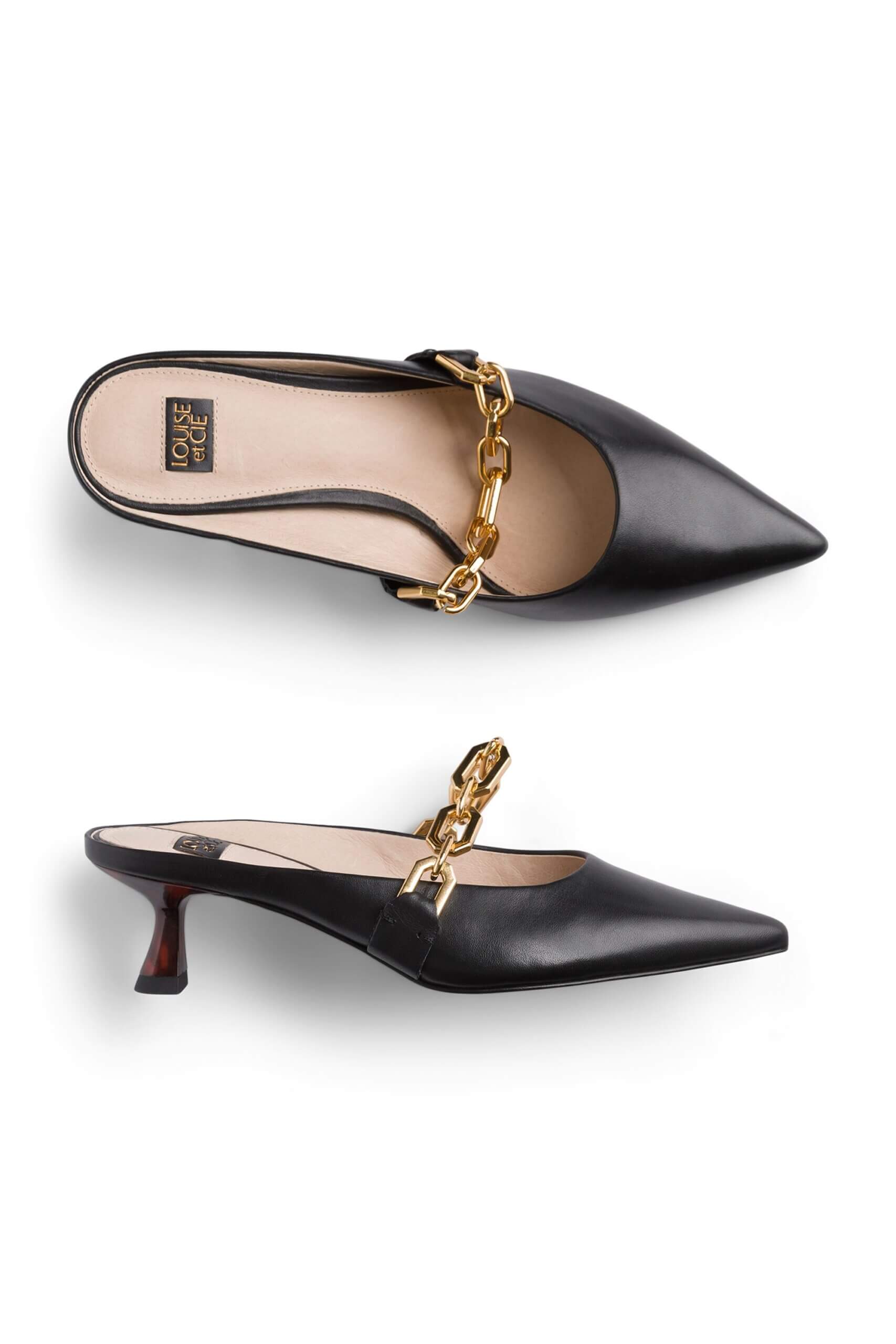 Stitch Fix women’s black slide kitten heels with large gold chain detail.