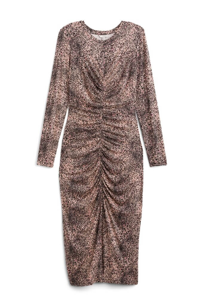 Stitch Fix women’s animal print midi dress with center ruched details.