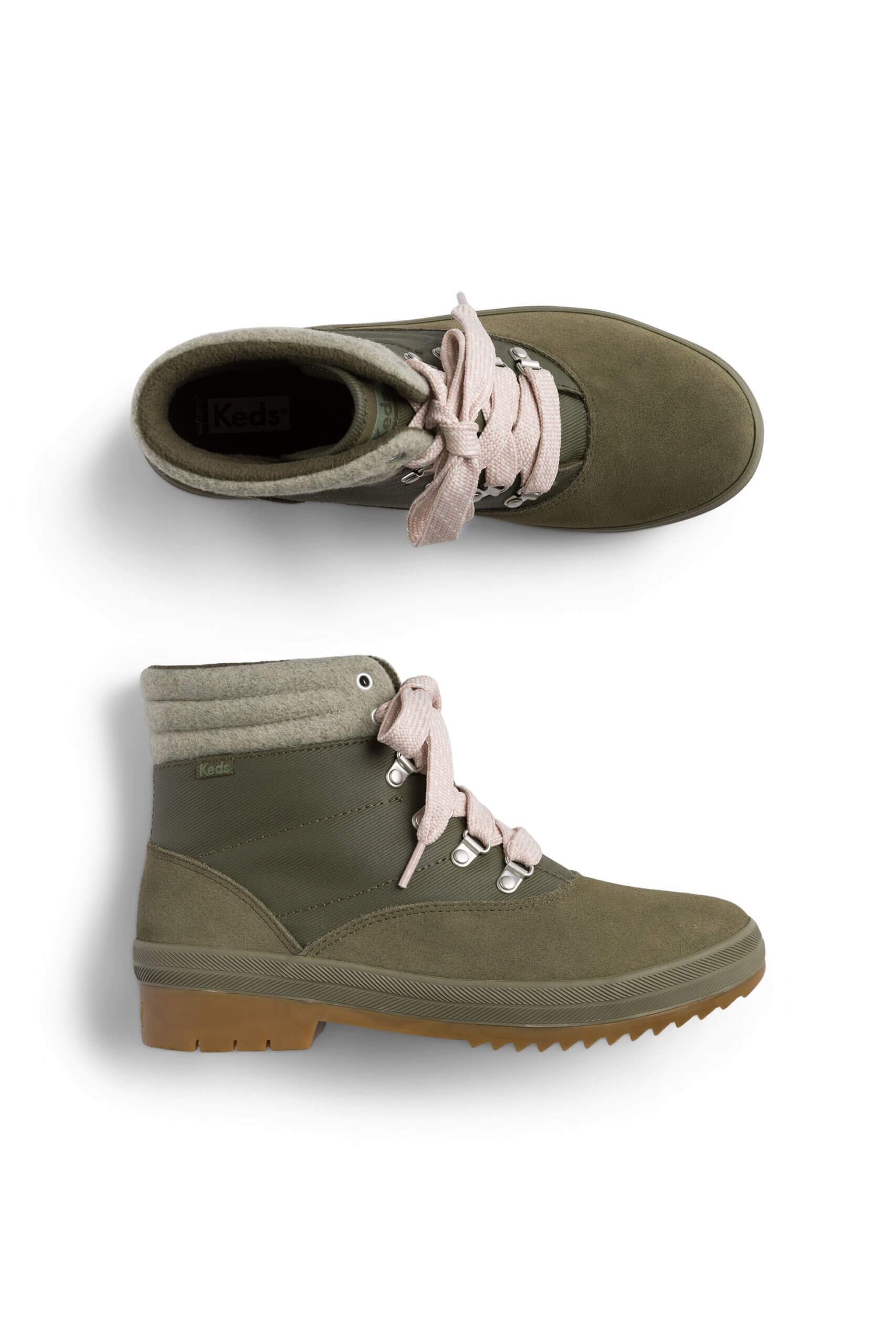 Stitch Fix women's green hiking boots with light pink laces.