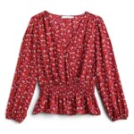 Stitch Fix women’s red floral print smocked waist blouse.
