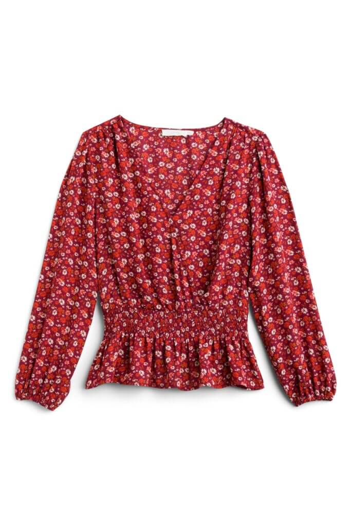 Stitch Fix women’s red floral print smocked waist blouse.