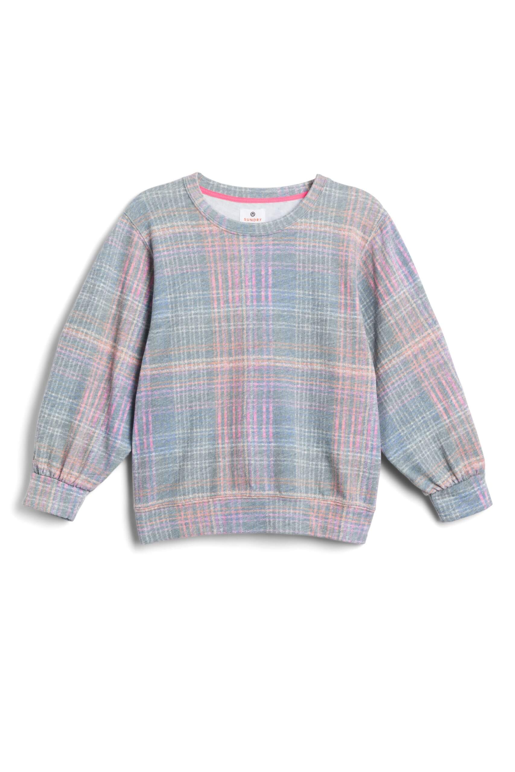 Stitch Fix women’s multi-colored plaid crewneck sweatshirt.