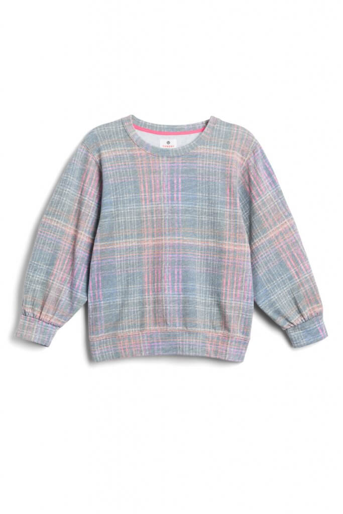Stitch Fix women’s pastel plaid sweater with balloon sleeves.