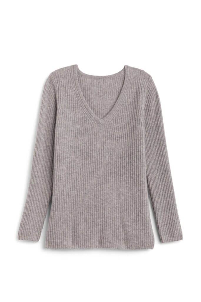 Stitch Fix women's grey long-sleeve v-neck ribbed sweater.