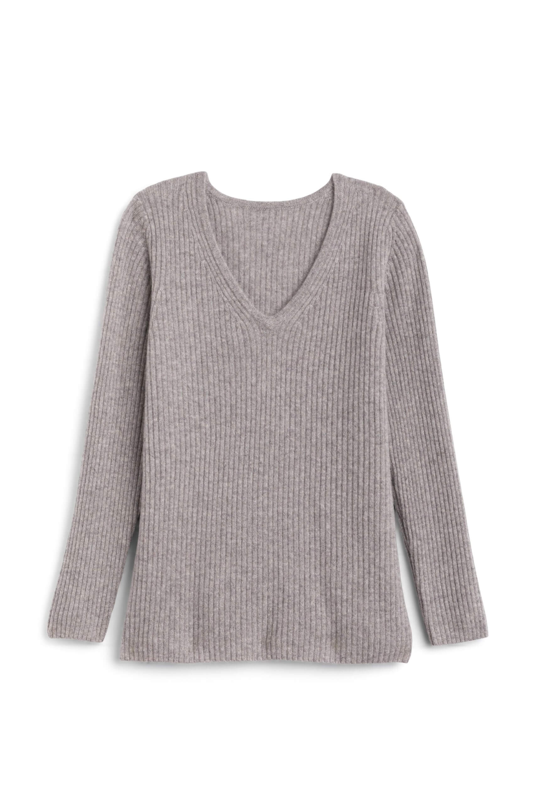Stitch Fix women's grey long-sleeve v-neck ribbed sweater.