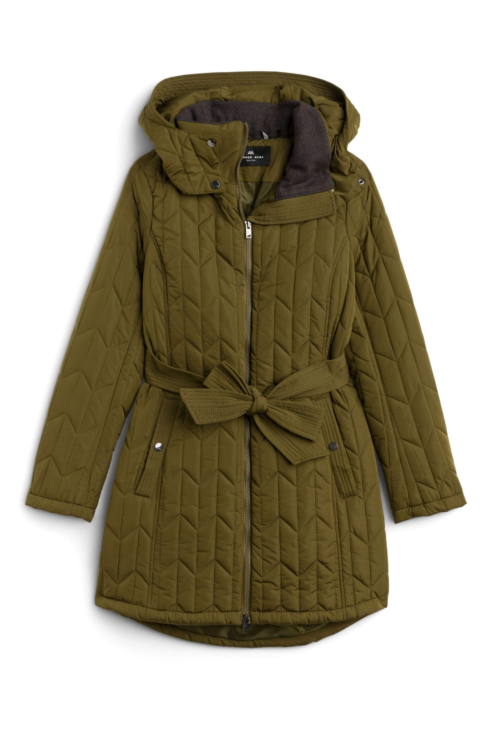 Stitch Fix women’s olive green quilted overcoat with tie-waist and hood.