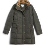 Stitch Fix women’s olive puffer coat with faux-fur lined collar.