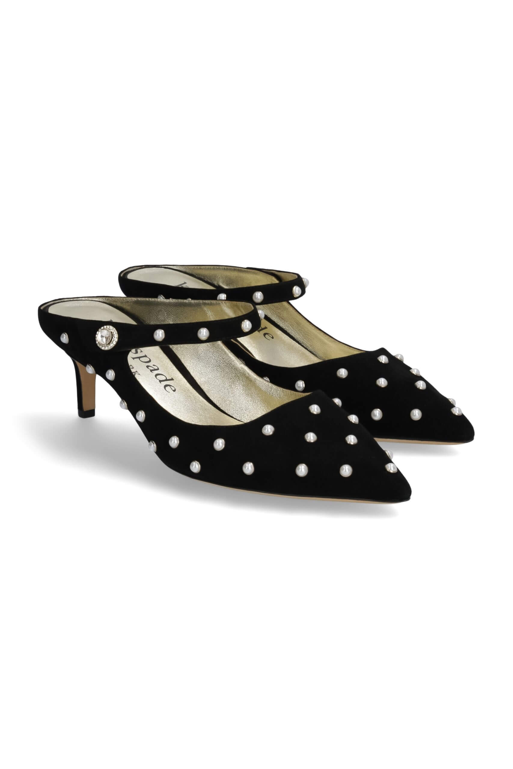 Stitch Fix women’s black velvet kitten heel mules with pearl accents.