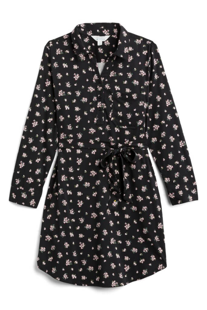 Stitch Fix women’s black long-sleeve floral print shirt dress.