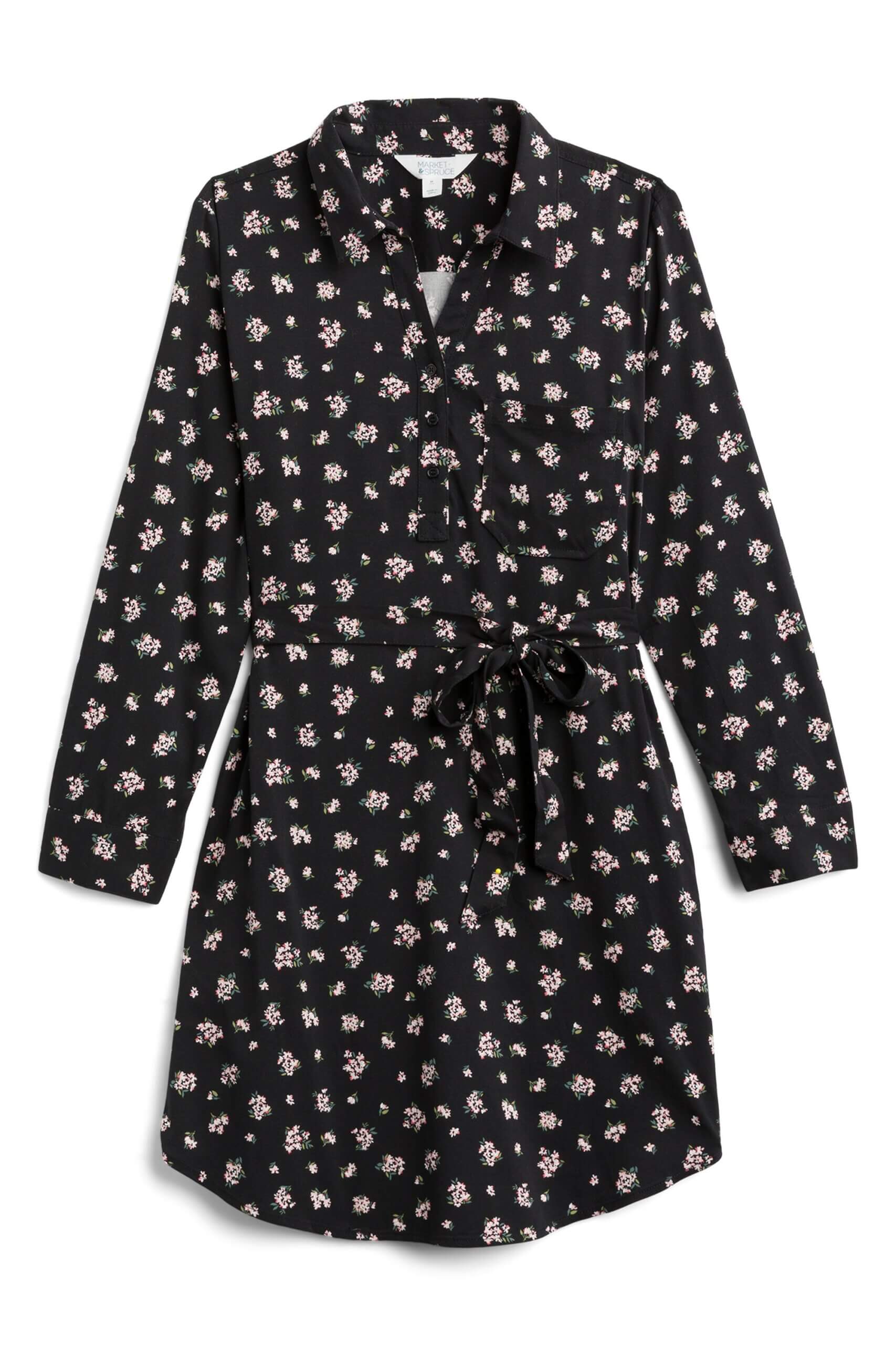 Stitch Fix women’s black long-sleeve floral print shirt dress.