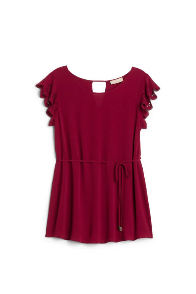 Stitch Fix women’s dark red maternity blouse with tie at waist and eyelet ruffle cap sleeves.