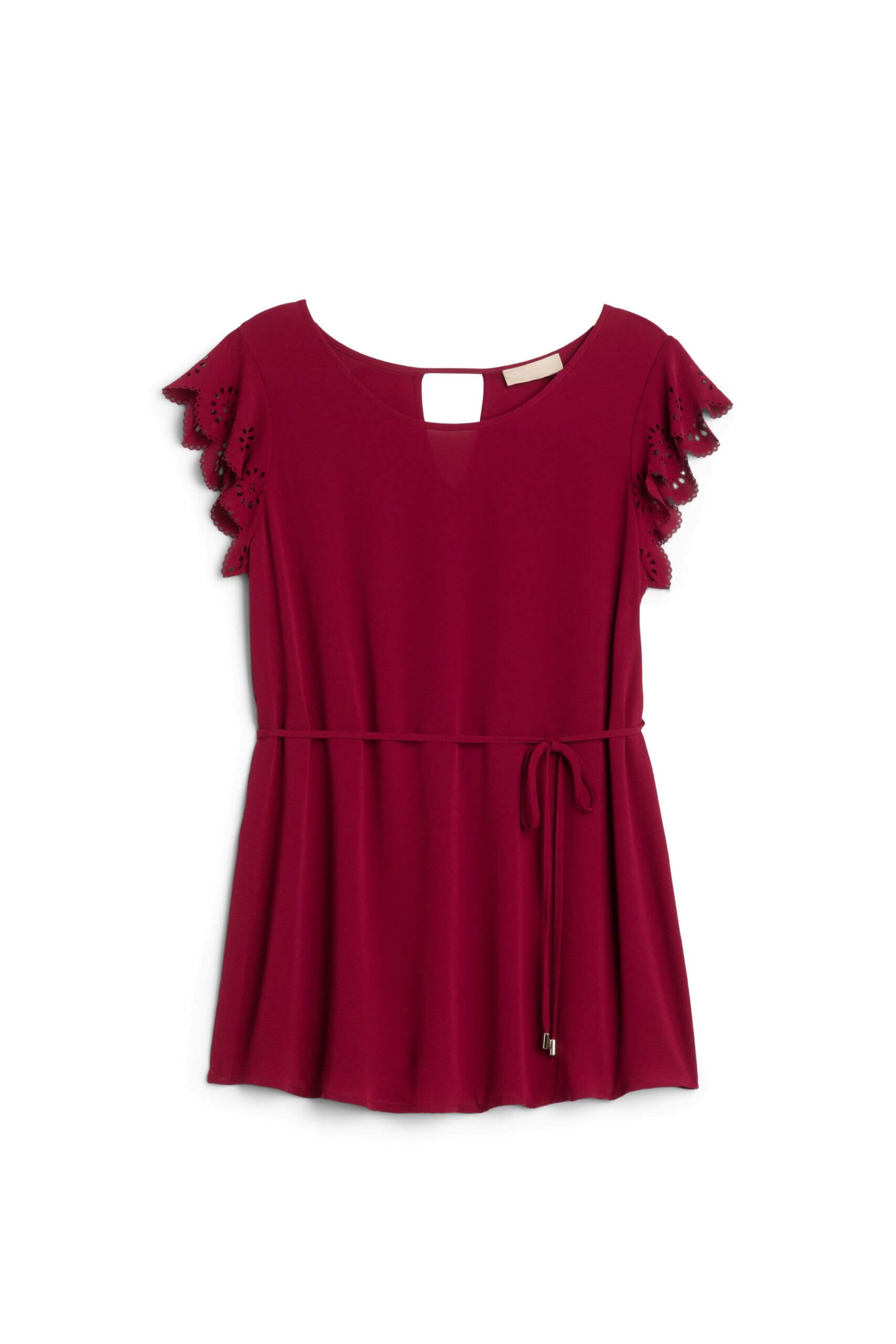 Stitch Fix women’s dark red maternity blouse with tie at waist and eyelet ruffle cap sleeves.