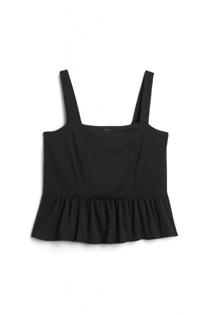 Stitch Fix women’s black strappy peplum blouse.