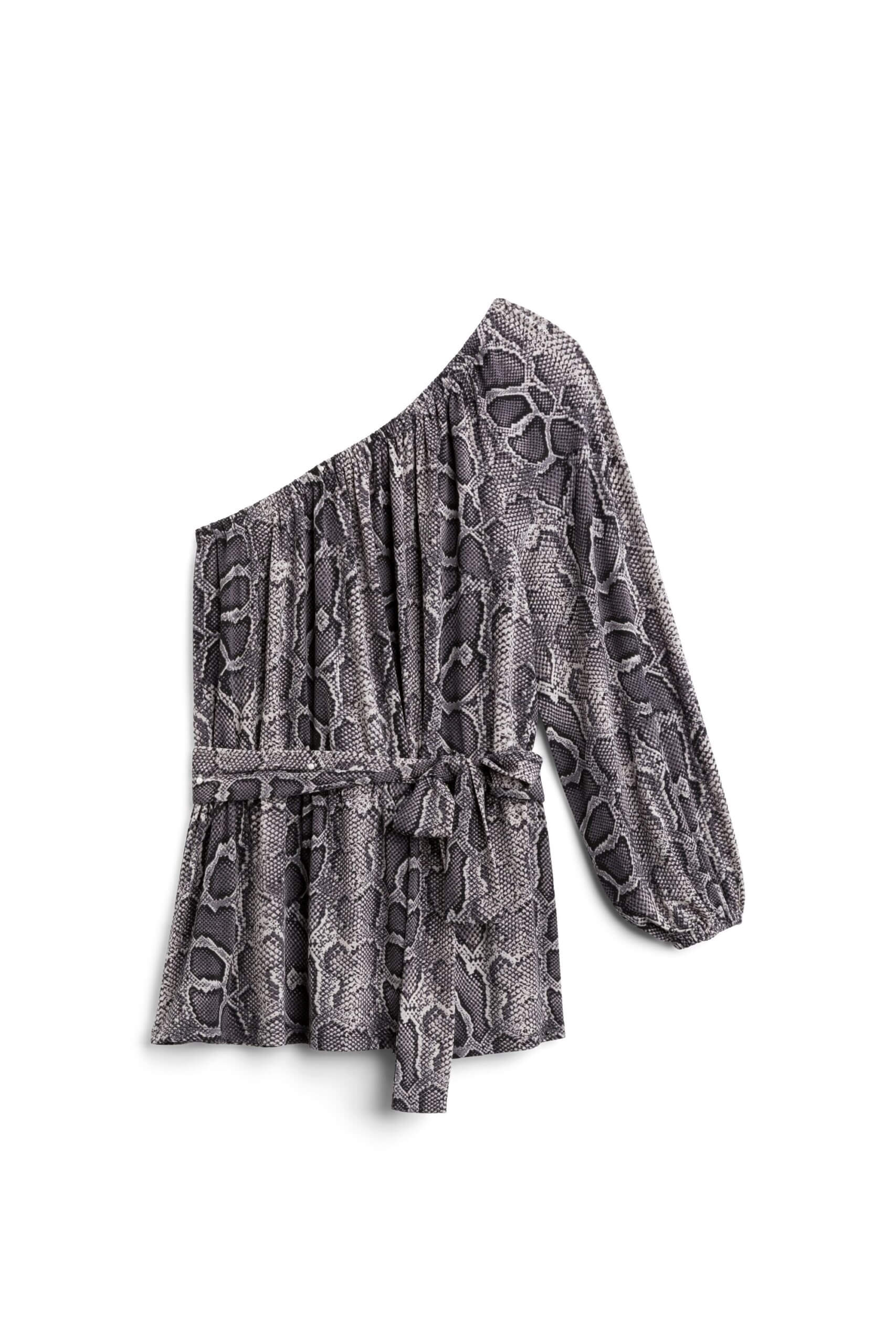 Stitch Fix women’s snake print one-shoulder top with tie-belt.