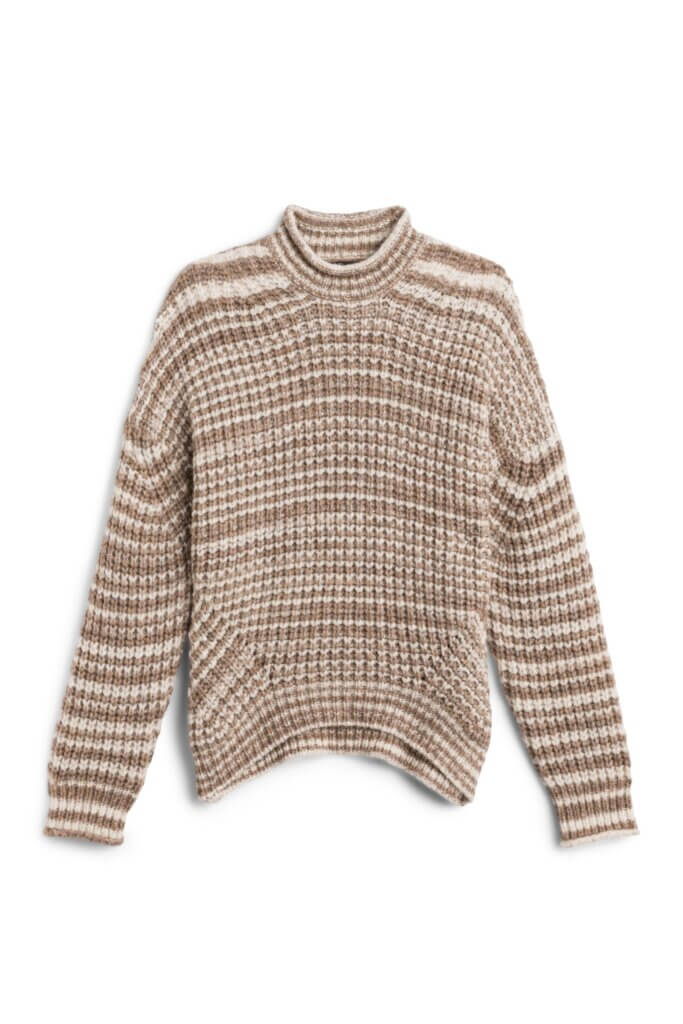 Stitch Fix women’s brown and white striped mock-neck pullover sweater.