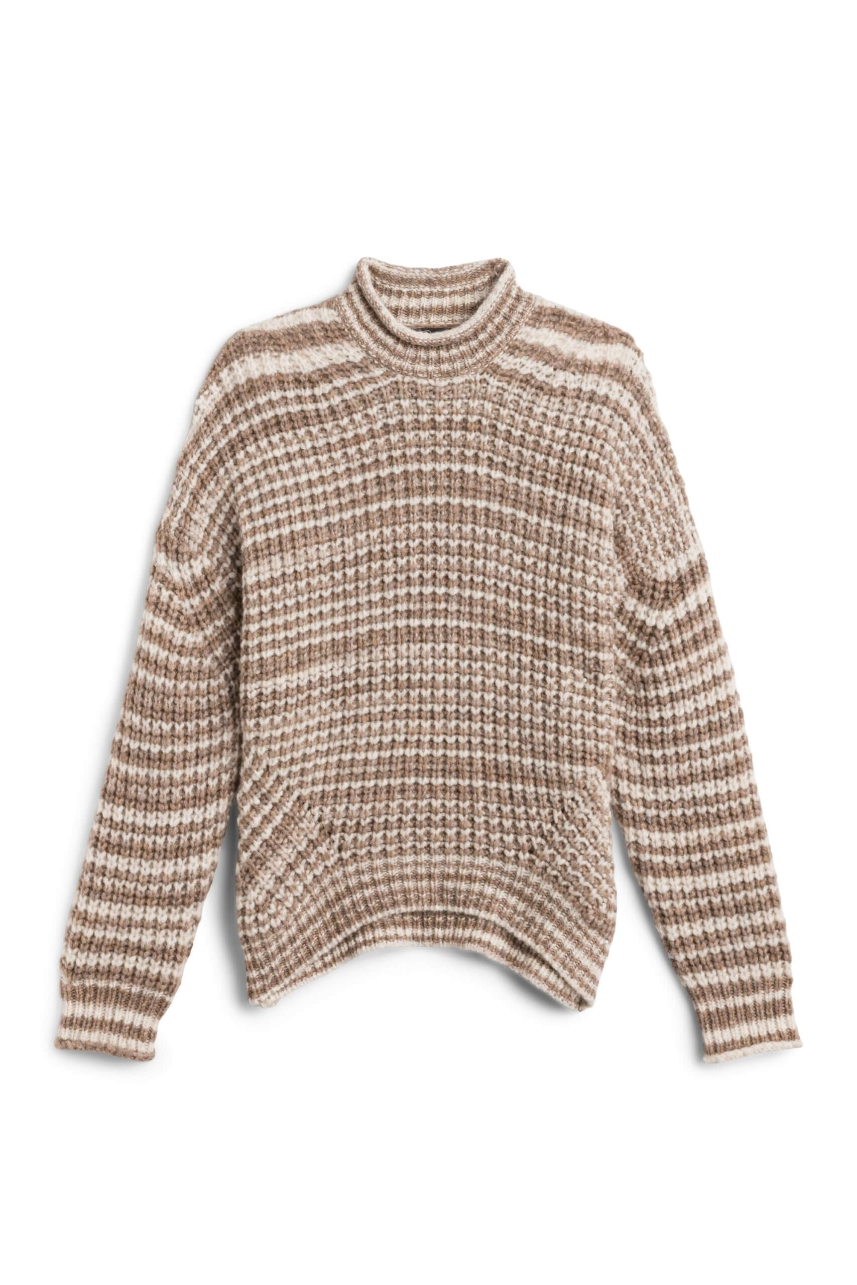 Stitch Fix women’s brown and white striped mock-neck pullover sweater.