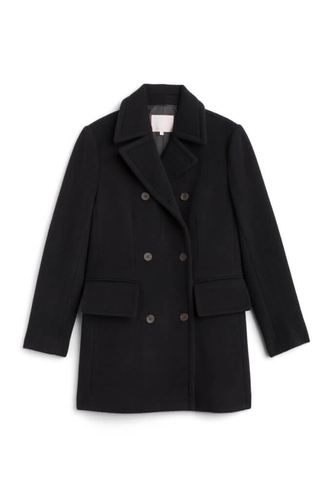 Stitch Fix women’s black double-breasted peacoat.