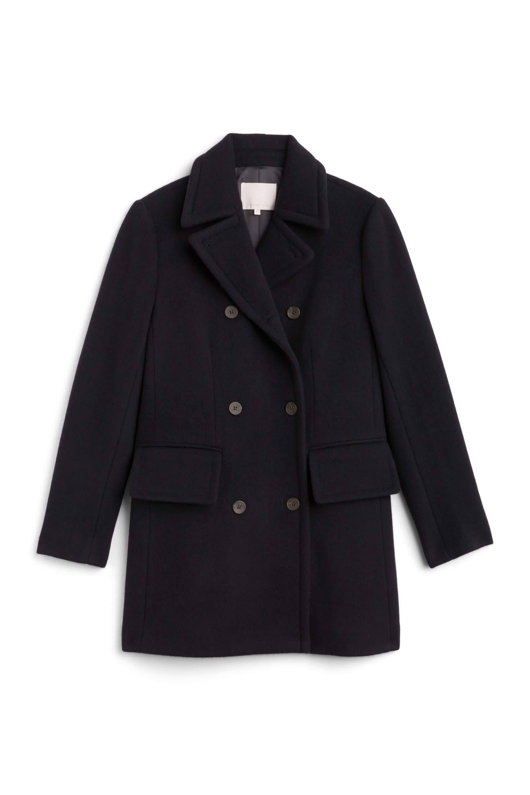 Stitch Fix women’s black double-breasted peacoat.