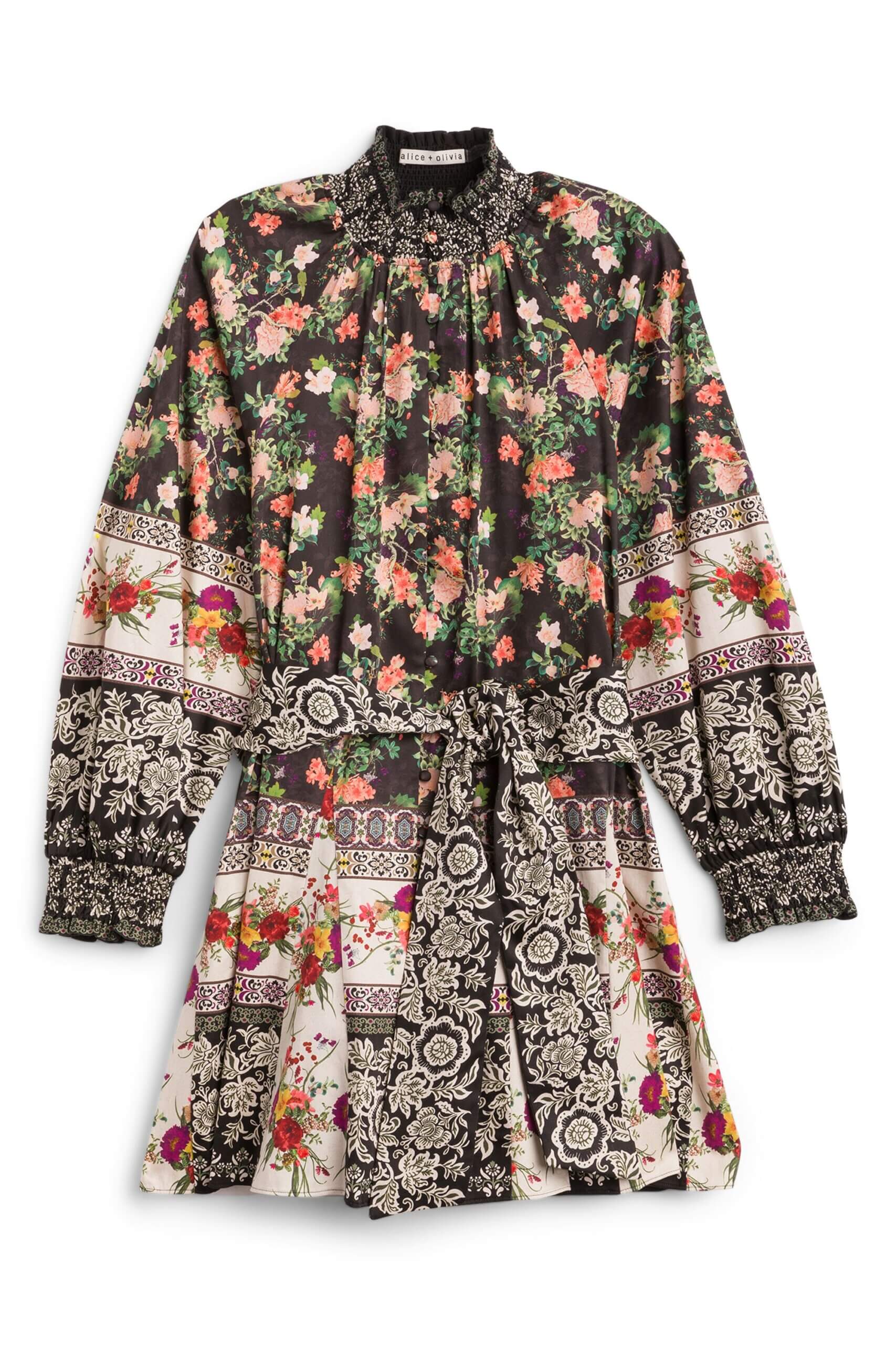 Stitch Fix women’s black, white, red and green floral print long-sleeve tie-waist dress.