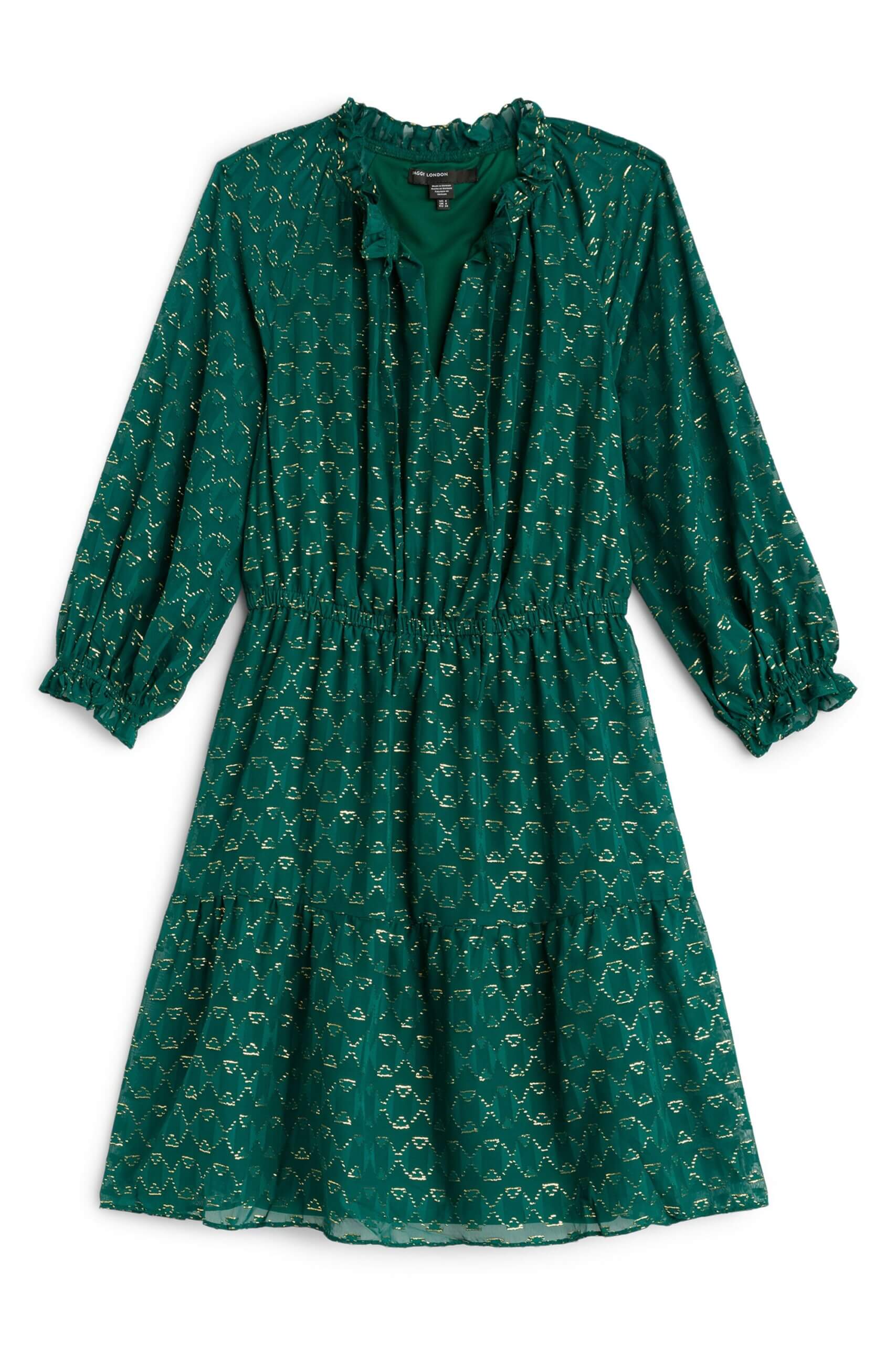 Stitch Fix women’s green tiered dress with foil print detail and three-quarter-length sleeves.