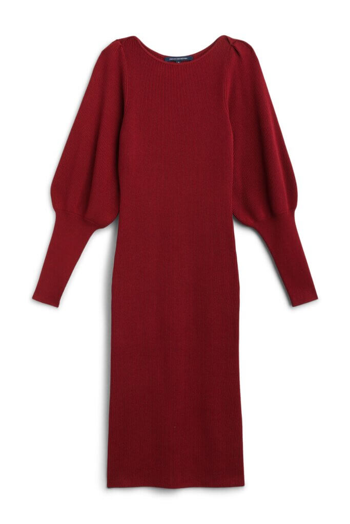 Stitch Fix women’s red maxi sweater dress with puff sleeve detail.