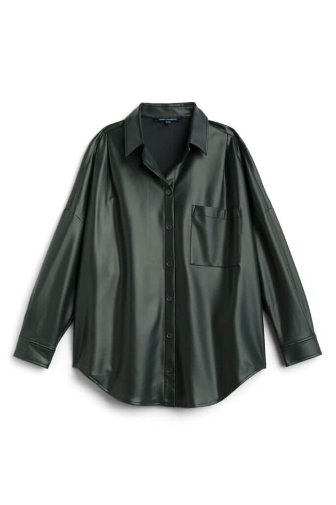 Stitch Fix women’s dark green vegan leather oversized button-down shirt.