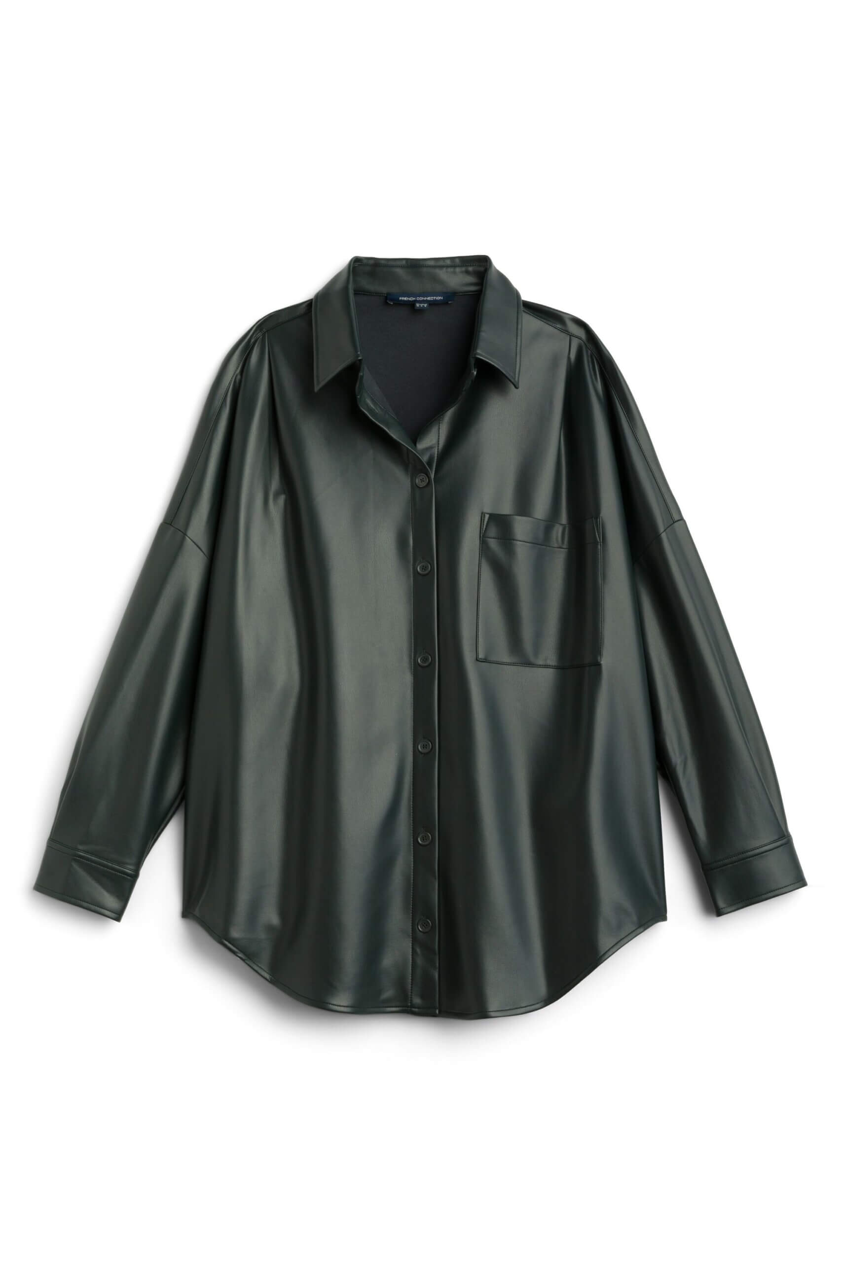 Stitch Fix women’s dark green vegan leather oversized button-down shirt.