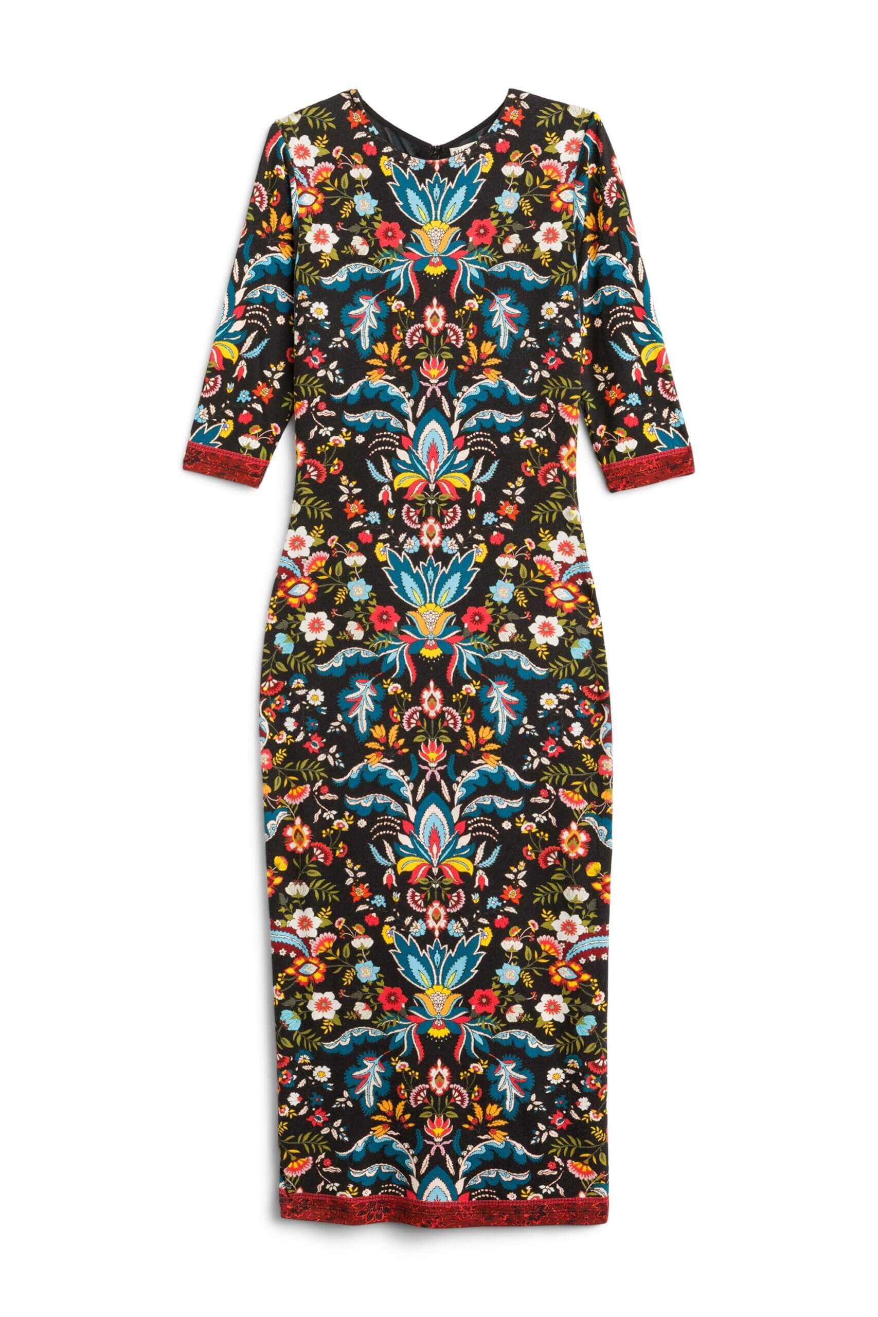 Stitch Fix women’s fitted patterned midi dress with elbow sleeves.