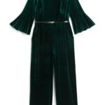 Stitch Fix women’s green velvet jumpsuit with belt.