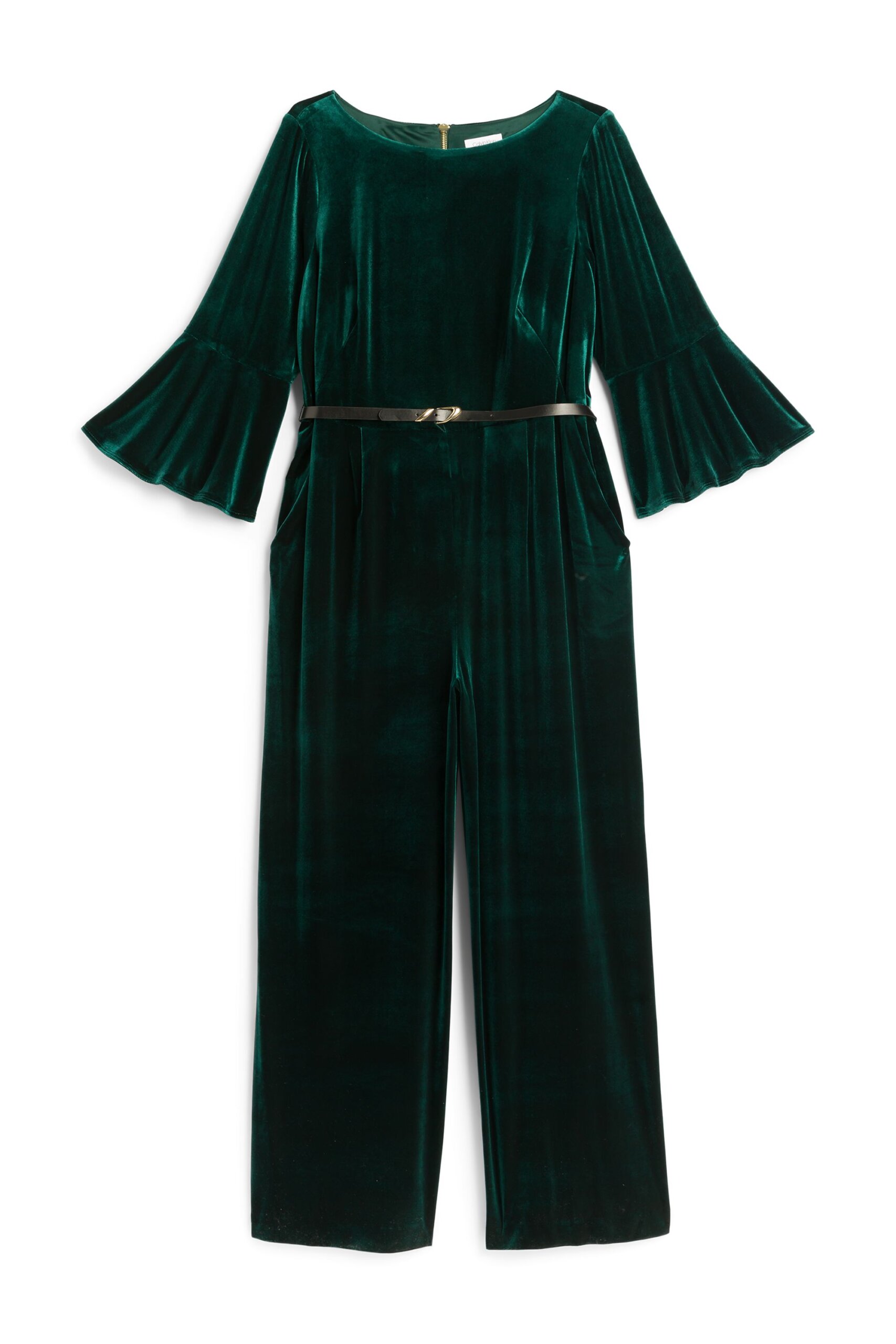Stitch Fix women’s dark green velvet belted jumpsuit with bell sleeves.
